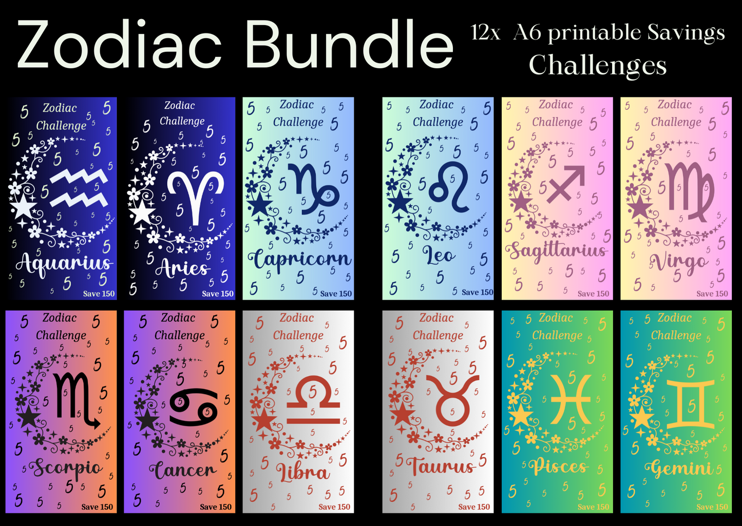 Zodiac Bundle ~ Savings Challenge Bundle ~ 12 x A6 Digital Savings Challenges